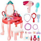 Unih Toddler Vanity Set Kids Toy Vanity Table For Little Girls With Mirror And Stool, Princess Vanity Toys For 2 3 4 5 Year Old Girls Gift