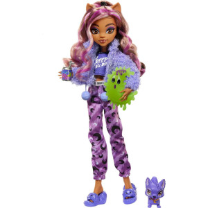 Monster High Creepover Party Doll Clawdeen Wolf With Pet Dog Crescent Sleepover Clothes Accessories Like Eye Mask Pizza