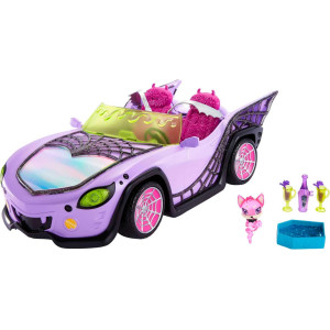 Monster High Toy Car Ghoul Mobile With Pet Cooler Accessories Purple Dollsized Convertible With Spiderweb Details