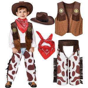 Kids Cowboy Costume Boys Halloween Dress Up Cosplay Set Birthday Party Role Play Western Pants Outfit Hat Accessories