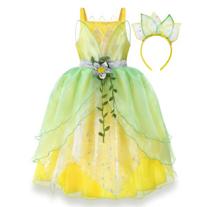 Axaxa Princess Tiana Costume For Girls Tiana Dress Princess And The Frog Costume With Headband Birthday Halloween Fancy Party Dr