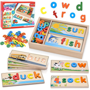 Atoylink Wooden Spell Learning Toys For 2 3 4 5 Year Old Kids Match Letter Spelling Game Board Letters Box Cvc Word Builder