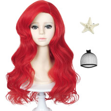 Mermaid Wigs For Kids Girls 21Inch Long Red Curly Kids Mermaid Wig Wave Wigs With Starfish Hairclip Hair Net For Halloween C