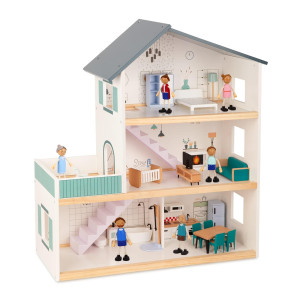 Tookyland Wooden Dollhouse For Kids Doll House With Simulated Luxury Furniture Set Preschool Dollhouse Playset For Girls Toddler