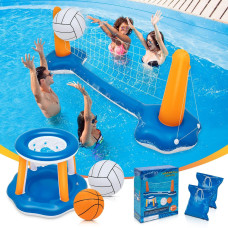 104 Larger Pool Volleyball Set Basketball Hoop 2024 New Pool Volleyball Net For Inground Pools Includes 2 Balls 2 Weight