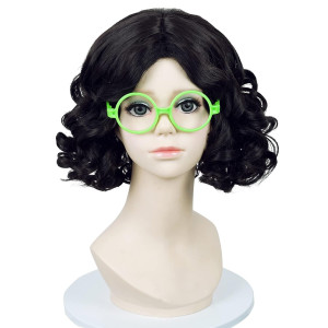 Kids Short Black Curly Wigs For Kids Girls Anime Girls Wave Wig With Green Eyeglass Frame Hair Net For Toddler Child Hallowe