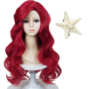 Mermaid Wigs For Kids Girls Long Dark Red Curly Kids Mermaid Wig With Starfish Hair Clips Wave Heat Synthetic Fiber Hair For Chi