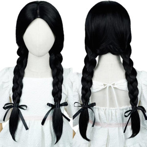 Black Braided Wig For Kids Girls Long Middle Part Kids Cosplay Wig Toddler Heat Resistant Synthetic Hair With Hairnet For Hallo