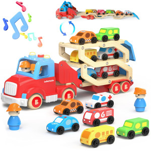 Bellochiddo Toy Trucks Car Carrier Toy With 3 Layers Of Transformable Carriages 6 In 1 Wooden Cars Toys For Kids Transport C