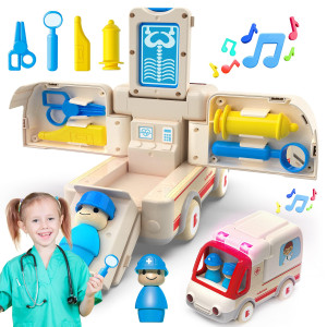 Bellochiddo Ambulance Toy Wooden Ambulance With Lightsound Effects Emergency Vehicle Toys With Storage Box Pretend Play Lea