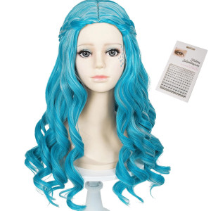 Long Curly Blue Wig For Kids With Rhinestones Wig Cap Blue Gradient Wave Wigs Toddler Child Synthetic Fiber Hair Blue Wigs Fo