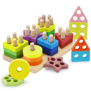 Kizmyee Montessori Toy For 2 Year Old Toddlers Wooden Sorting And Stacking Toy With 6 Shapes Sensory Toy Educational Toy For Ba