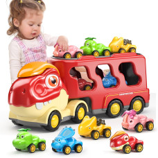 Dinosaur Car Toys For Toddlers And Kids Friction Cute Tyrannosaurus Transport Truck With 5 Cartoon Pull Back Dino Cars 5 In 1