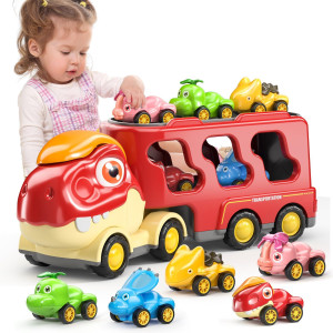 Dinosaur Car Toys For Toddlers And Kids Friction Cute Tyrannosaurus Transport Truck With 5 Cartoon Pull Back Dino Cars 5 In 1