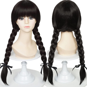 Uniquebe Black Wigs For Kids Girls Long Braided Middle Part Heat Resistant Synthetic Wig With Wig Cap For Halloween Costume Cosp