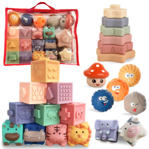 Oueyes Montessori Toys For Babies 6-12 Months Baby Toys 4 In 1 Baby Blocks Soft Stacking Building Blocks Rings Balls Sets Baby Sensory Toys 6-12 Months Infants Teething Toys