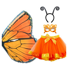 Dqz Kids Fairybutterfly Wings Costumes For Girls With Tutu Dress Up 4Pcs Child Butterfly Wings Christmas Party Orange