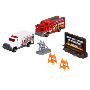 Matchbox Hitch Haul Diecast Vehicle Playset Fire Rescue 6 Piece Set Hazmat Response Truck And Ambulance Includes Fire