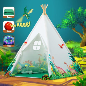 Wilhunter Dinosaurs Teepee Tent For Kids With Roar Button Lights Mat Kids Play Tent Gift For Boys Girls Kids Tent Toys F