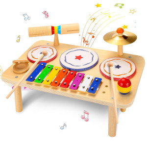 Kids Drum Set Baby Musical Instruments Toys For Toddlers 9 In 1 Wooden Xylophone Toddler Drum Set Percussion Instruments Music