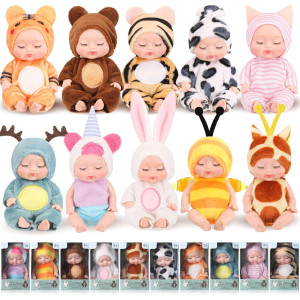 Hanaive 10 Pcs 4 Inch Mini Baby Dolls Lifelike Realistic Baby Dolls Tiny Babies With Animal Clothes Cute Baby Doll Gifts Set For