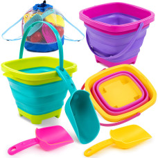 Sloosh 3 Packs Foldable Bucket Collapsible Bucket With Sand Shovels And Mesh Backpack For Kids Toddlers Beach Toys Easter Egg