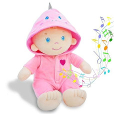 June Garden 12" Musical Sweet Dolly Melody - Interactive Stuffed Ultra Soft Talking Baby Doll For Birth And Up - Removable Pink Dinosaur Outfit