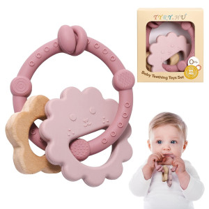 Tyryhu Baby Teething Toys For Babies 06 Months Baby Teether Toys 612 Months Silicone Teething Ring Wood Teether For Infan