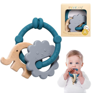 Tyryhu Baby Teething Toys For Babies 06 Months Baby Teether Toys 612 Months Silicone Teething Ring Wood Teether For Infan