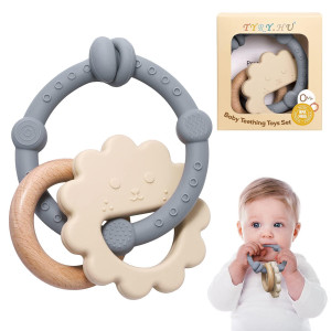 Tyryhu Baby Teething Toys For Babies 06 Months Baby Teether Toys 612 Months Silicone Teething Ring Wood Teether For Infan