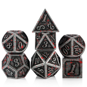 Acient Silver Bloodstained Metal Dice Set Dnd Dndnd 7Pcs Metallic Halloween Die With Metal Case For Dungeons And Dragons Tablet