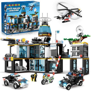 Hogokids City Police Station Building Set 1261 Pcs Police Building Blocks Toys With Helicopter Motorcycle And 2 Cars Stem Pol