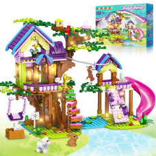 Hogokids Tree House Building Toy With Led Light 751 Pcs Treehouse Building Block Set With Slides Swing Animals Friendship For