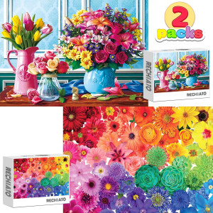 1000 Pieces Flower Puzzles For Adults 2 Pack Colorful Flowers Jigsaw Puzzles Spring Plants Rose Daisy Blooms Challenging Funny