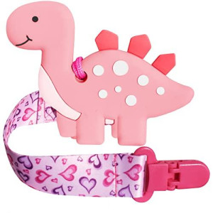 Bigspinach 1 Soft Pink Dinosaur Teether For Babies And 1 Baby Pacifier Clip Valentines Day Gifts For Baby Girlbaby Girl Teethi