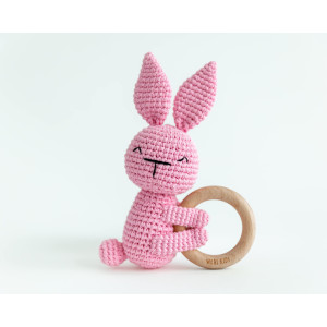 Wabi Kids Animal Friends Crochet Teether Lovely Bunny Toy Wood Ring Cotton Rattle Shaker All Natural Sensory Friendly Early De