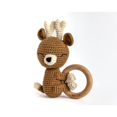 Wabi Kids Animal Friends Crochet Teether Sweet Elk Toy Wood Ring Cotton Rattle Shaker All Natural Sensory Friendly Early Devel