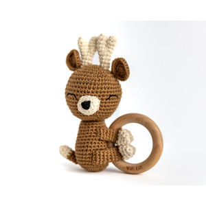 Wabi Kids Animal Friends Crochet Teether Sweet Elk Toy Wood Ring Cotton Rattle Shaker All Natural Sensory Friendly Early Devel