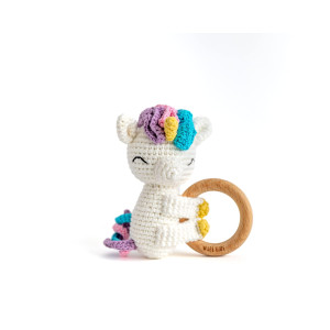 Wabi Kids Animal Friends Crochet Teether Magical Unicorn Toy Wood Ring Cotton Rattle Shaker All Natural Sensory Friendly Early