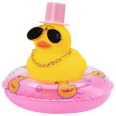 Wonuu Swim Ring Rubber Ducks With Mini Diamond Glasses Hat Necklace For Cars Dashboard Decorations Car Accessories Toy Duck Car