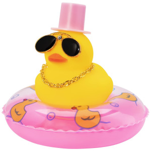 Wonuu Swim Ring Rubber Ducks With Mini Diamond Glasses Hat Necklace For Cars Dashboard Decorations Car Accessories Toy Duck Car