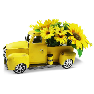 Fleecy Day Vintage Truck Dor Yellow Farmhouse Car With Light Tiered Traycute Metal Car Gift Pickup Truck Model For Home Decor