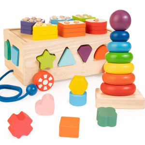 Woodmam Montessori Wooden Shape Sorter Toys For 1 2 3 Year Older Toddlers4In1 Stacking Toy Set With Rainbow Ring Stacking Tow