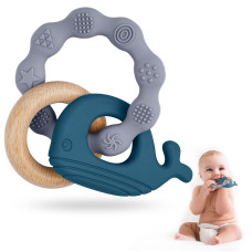 Vicloon Baby Teether Toys Silicone Natural Wood Teether Ring Baby Teething Toys For Babies 3 Months Silicone Chewable Ring