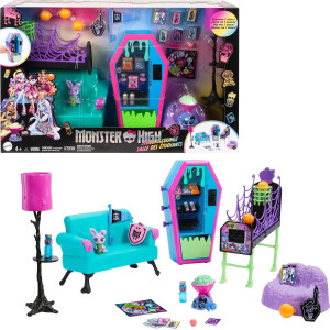 Monster High Student Lounge Playset Doll House Furniture And Themed Accessories With Two Pets And Working Vending Machine