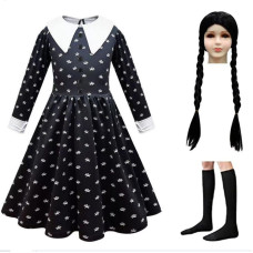 Lgandpg Addams Family Childs Wednesday Addams Costume For Girls Halloween Dress Up With Wig Socks