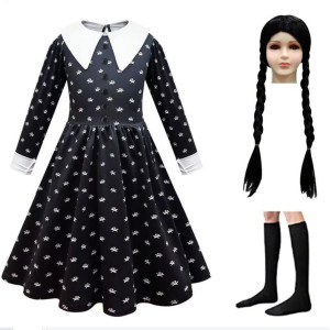 Lgandpg Addams Family Childs Wednesday Addams Costume For Girls Halloween Dress Up With Wig Socks