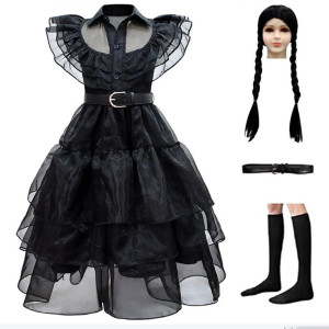 Lgandpg Addams Family Childs Wednesday Addams Costume For Girls Halloween Dress Up With Wig Belt Socks