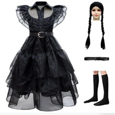 Lgandpg Addams Family Childs Wednesday Addams Costume For Girls Halloween Dress Up With Wig Belt Socks