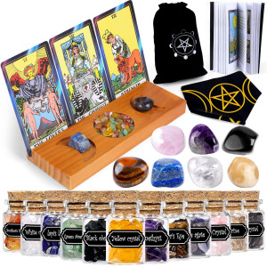 Yixangdd Tarot Cards With Guide Book Include 1 Deck Of 78 Cards 12 Mini Crystal Jars1 Tarot Card Holder Stand7 Chakra Stones